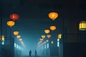 货轮甲板夜景与海面航线灯